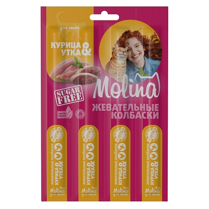 Molina Жевательные колбаски для кошек Курица и Утка, 20г