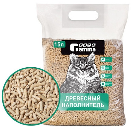GAMMA Наполнитель для кошачьих туалетов Gamma 15л, древесный впитывающий, мелкие гранулы