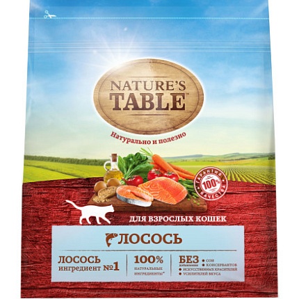 NATURE'S TABLE Лосось, Сухой корм для взрослых кошек 1,1 кг  1*6шт
